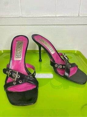 boc Black Leather High Heel Sandals with Pink Insole